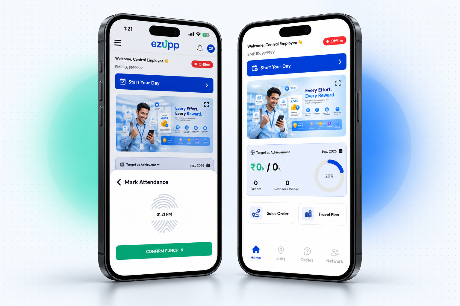 Ezupp salesman app punch-in screen and home dashboard with monthly target vs achievement