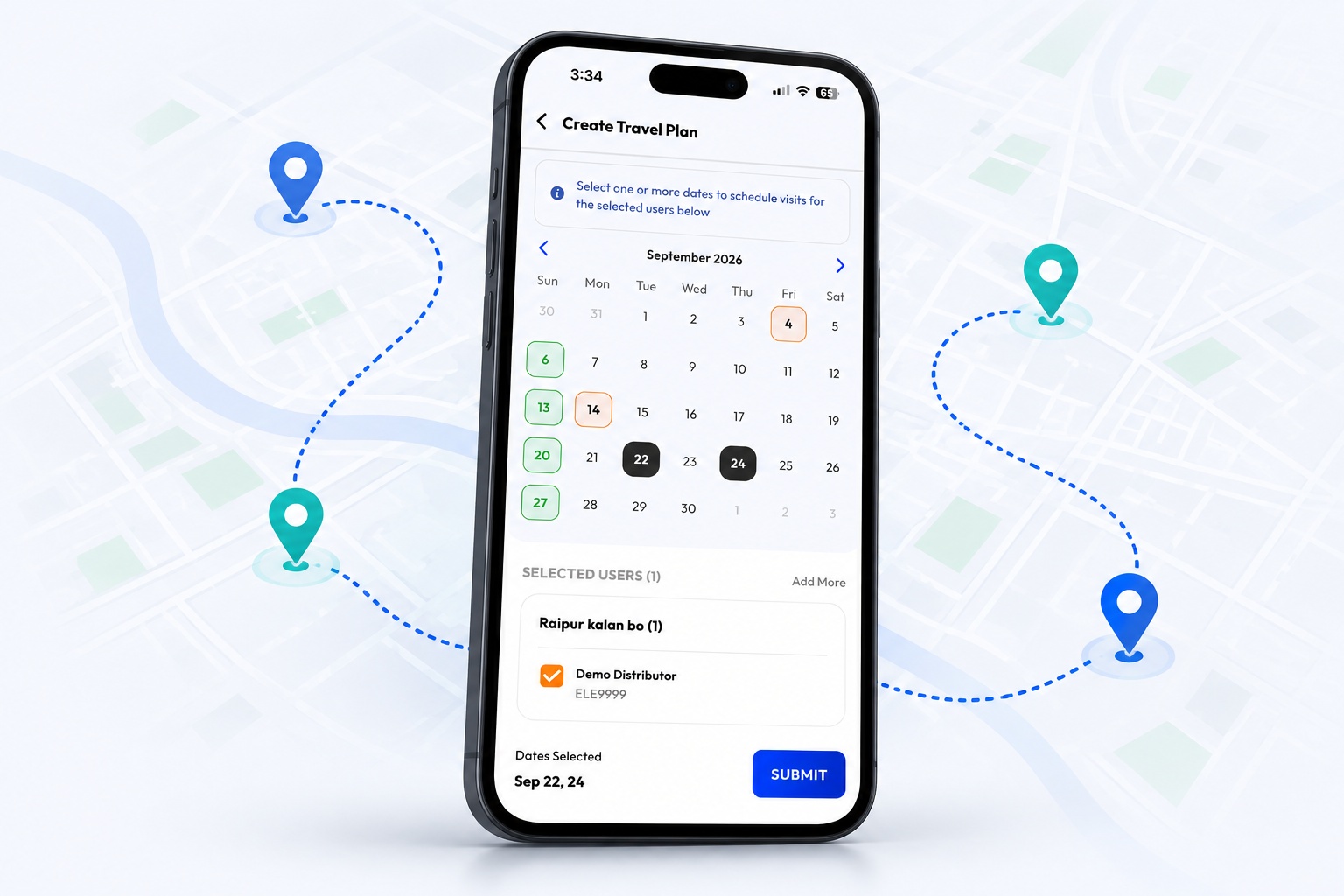 Travel plan calendar showing scheduled partner visits for the month