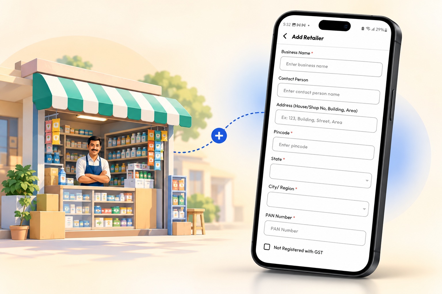 Adding a new retailer with business details and PAN in the Ezupp salesman app