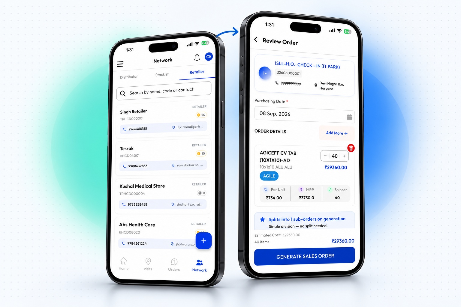 Selecting a partner and reviewing a sales order in the Ezupp salesman app