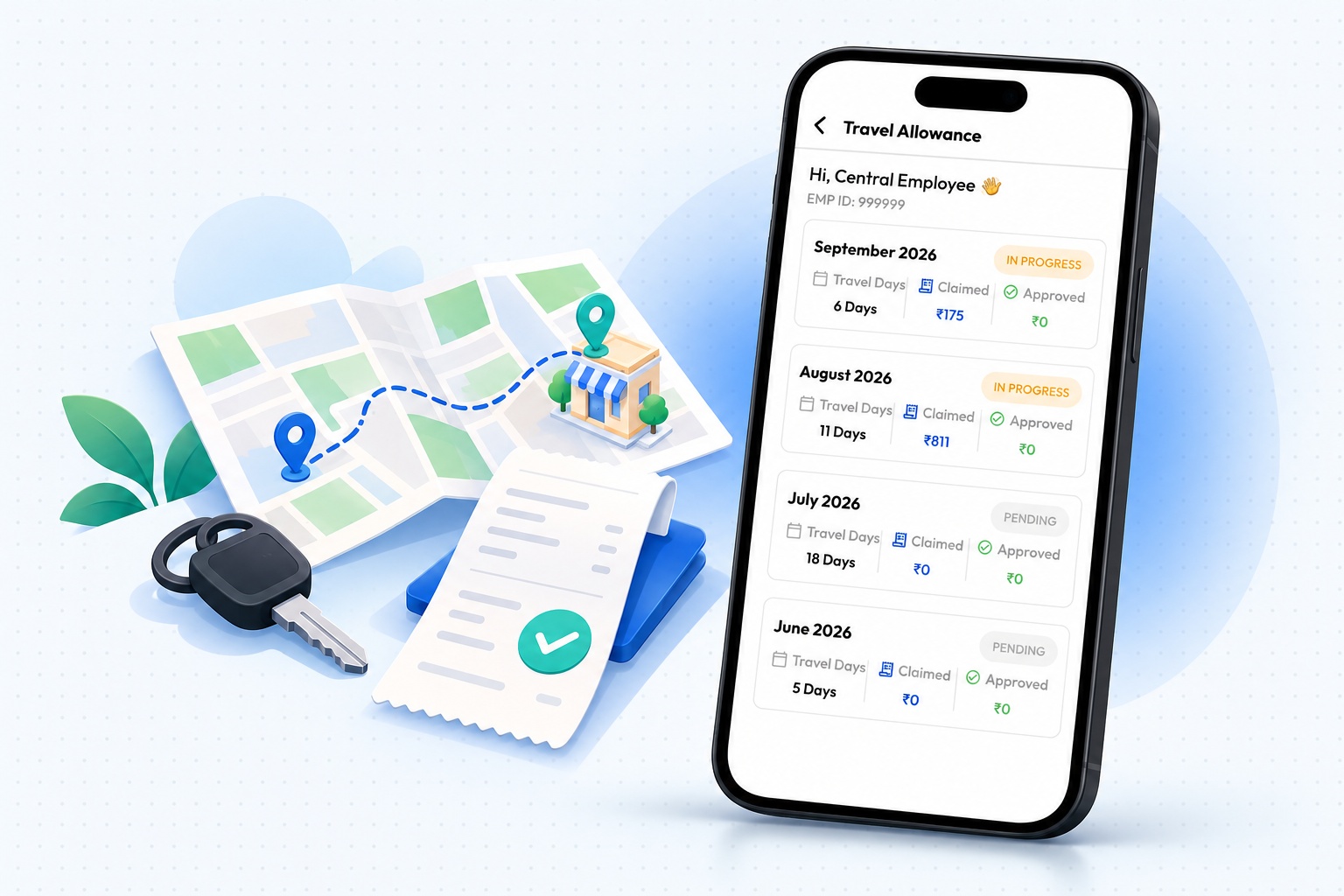 Auto-calculated TA/DA claim review screen in the Ezupp salesman app